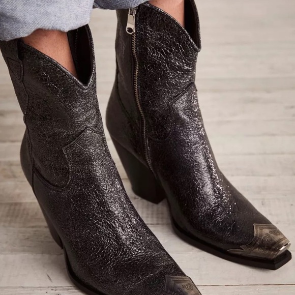 Free People Brayden Western Boot Metallic Black Leather Pewter Etched Tip Zip - Picture 8 of 10